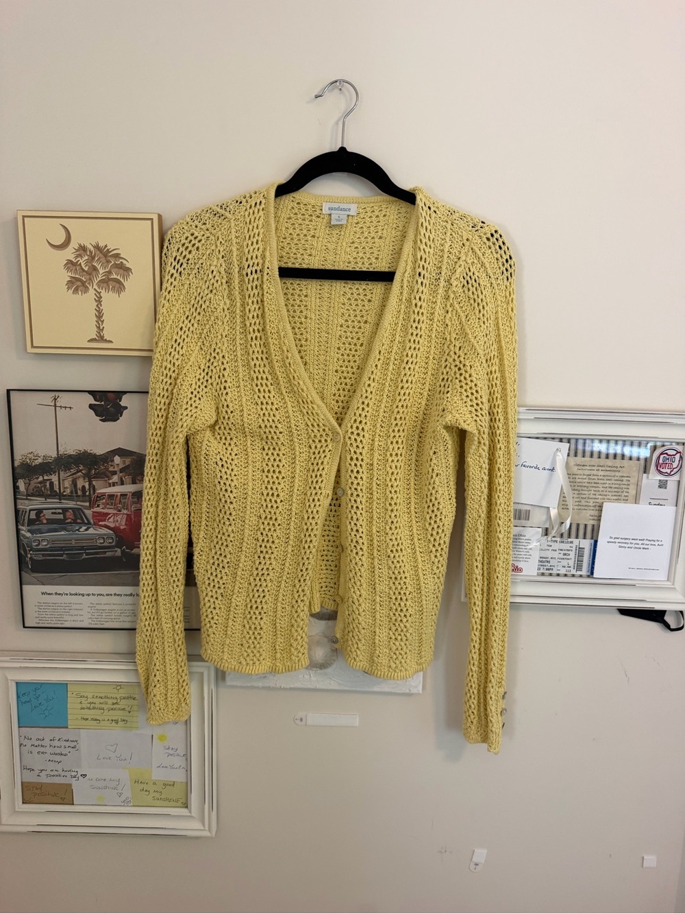 Sundance Pale Yellow Open-Knit V-Neck Cardigan